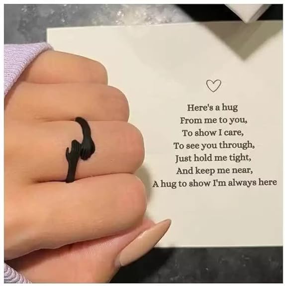 925 Black & Silver I Love You Hug Ring | Adjustable Hugging Hand Ring